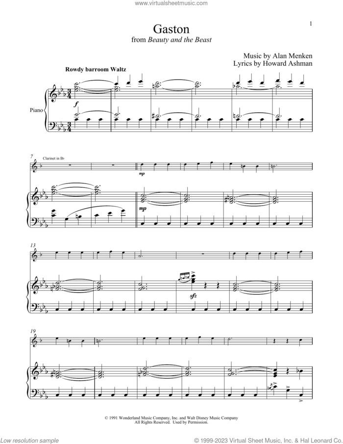 Gaston (from Beauty And The Beast) sheet music for clarinet and piano by Alan Menken, Alan Menken & Howard Ashman and Howard Ashman, intermediate skill level