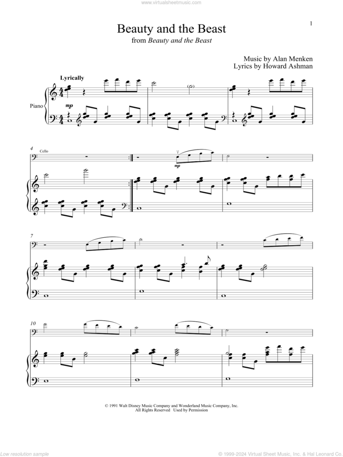 Beauty And The Beast (arr. Michael Kosarin) sheet music for cello and piano by Alan Menken, Celine Dion & Peabo Bryson, Alan Menken & Howard Ashman and Howard Ashman, intermediate skill level