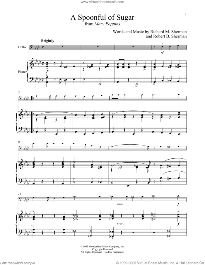A Spoonful Of Sugar (from Mary Poppins) sheet music for cello and piano by Richard M. Sherman, Robert B. Sherman and Sherman Brothers, intermediate skill level
