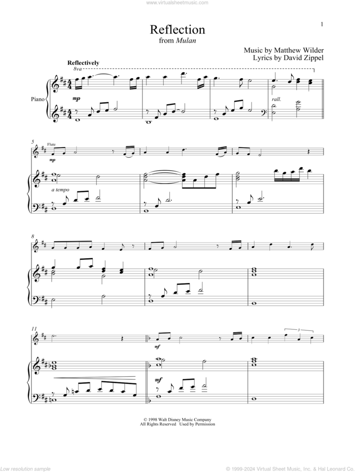 Reflection (from Mulan) sheet music for flute and piano by David Zippel, Christina Aguilera, Matthew Wilder and Matthew Wilder & David Zippel, intermediate skill level