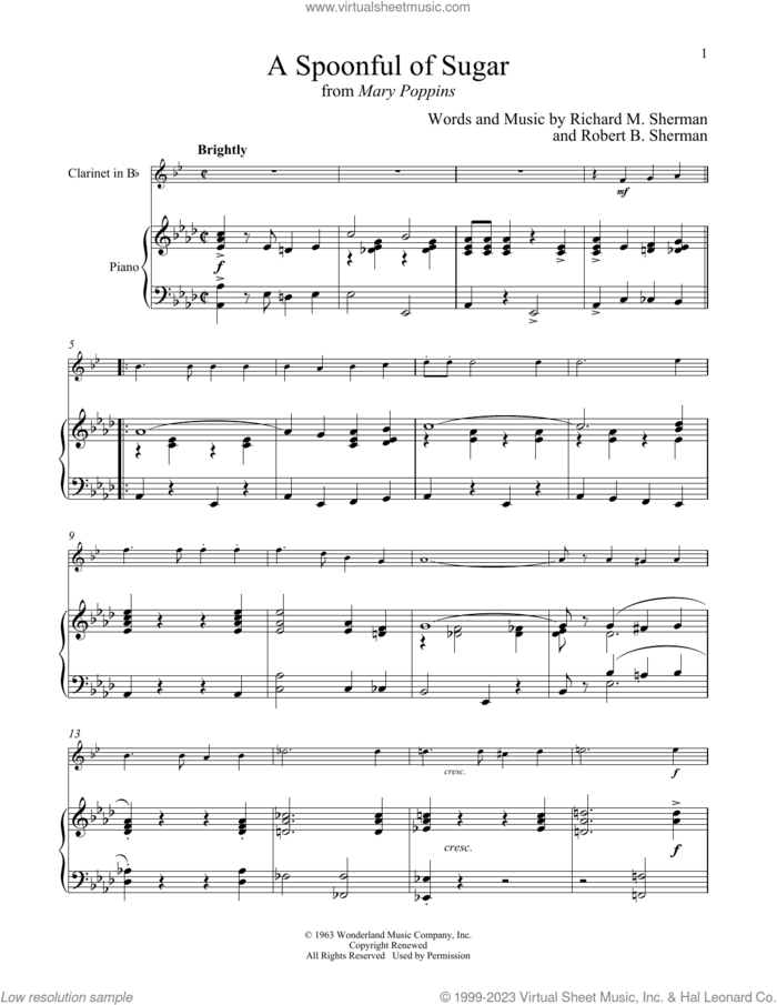 A Spoonful Of Sugar (from Mary Poppins) sheet music for clarinet and piano by Richard M. Sherman, Robert B. Sherman and Sherman Brothers, intermediate skill level
