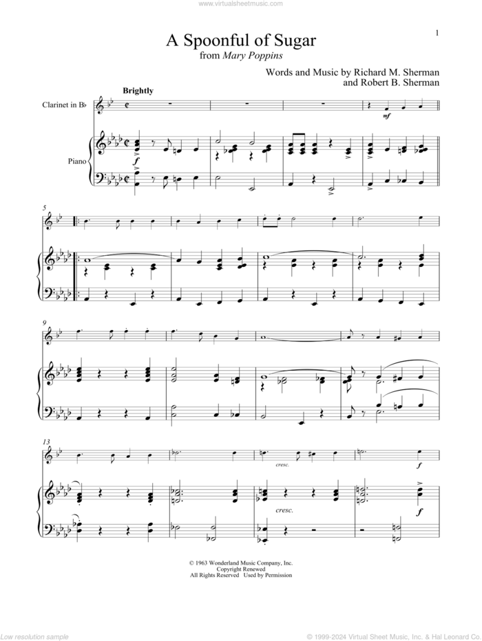 A Spoonful Of Sugar (from Mary Poppins) sheet music for clarinet and piano by Richard M. Sherman, Robert B. Sherman and Sherman Brothers, intermediate skill level