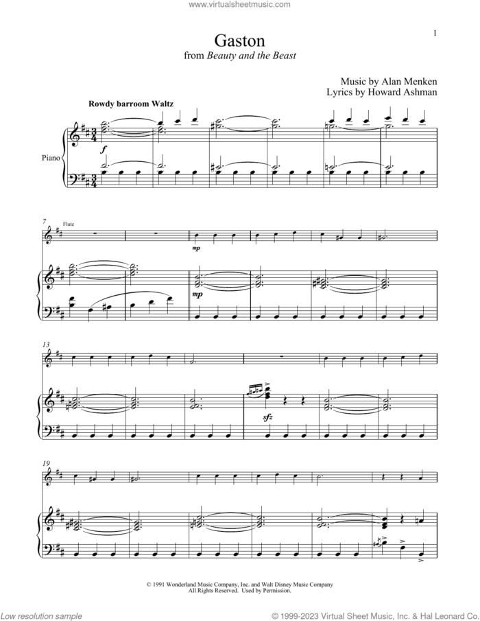 Gaston (from Beauty And The Beast) sheet music for flute and piano by Alan Menken, Alan Menken & Howard Ashman and Howard Ashman, intermediate skill level