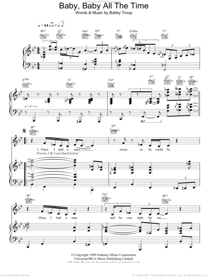 Baby, Baby All The Time sheet music for voice, piano or guitar by Diana Krall and Bobby Troup, intermediate skill level