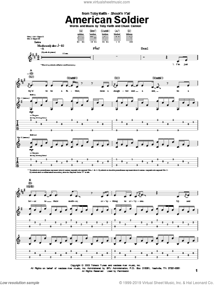 American Soldier sheet music for guitar (tablature) by Toby Keith and Chuck Cannon, intermediate skill level