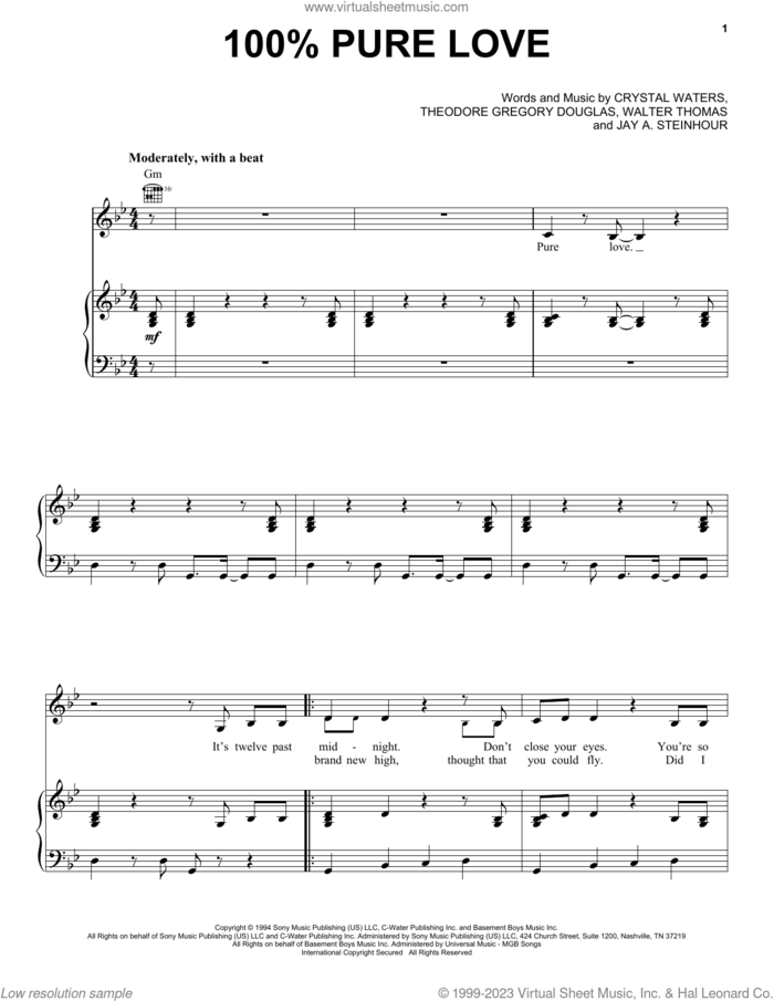 100% Pure Love sheet music for voice, piano or guitar by Crystal Waters, Jay Steinhour, Teddy Douglas and Tommy Davis, intermediate skill level