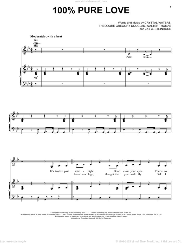 100% Pure Love sheet music for voice, piano or guitar by Crystal Waters, Jay Steinhour, Teddy Douglas and Tommy Davis, intermediate skill level