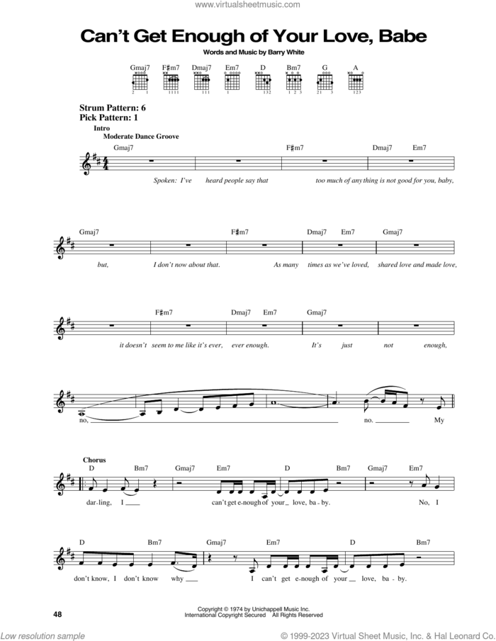 Can't Get Enough Of Your Love, Babe sheet music for guitar solo (chords) by Barry White, wedding score, easy guitar (chords)