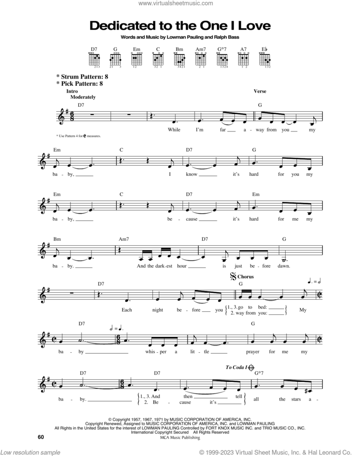 Dedicated To The One I Love sheet music for guitar solo (chords) by The Shirelles, The Mamas & The Papas, Lowman Pauling and Ralph Bass, easy guitar (chords)