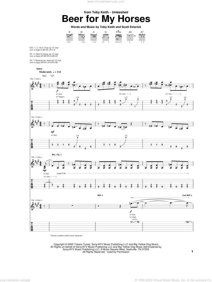 Beer For My Horses sheet music for guitar (tablature) by Toby Keith and Scotty Emerick, intermediate skill level