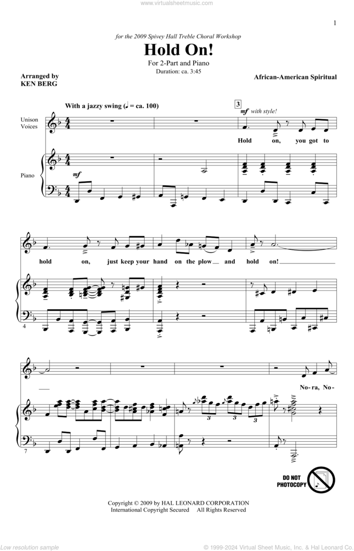 Hold On! sheet music for choir (2-Part) by Ken Berg and Miscellaneous, intermediate duet