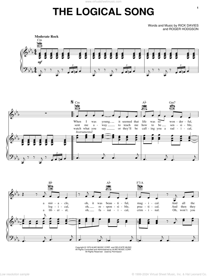 The Logical Song sheet music for voice, piano or guitar by Supertramp, Rick Davies and Roger Hodgson, intermediate skill level