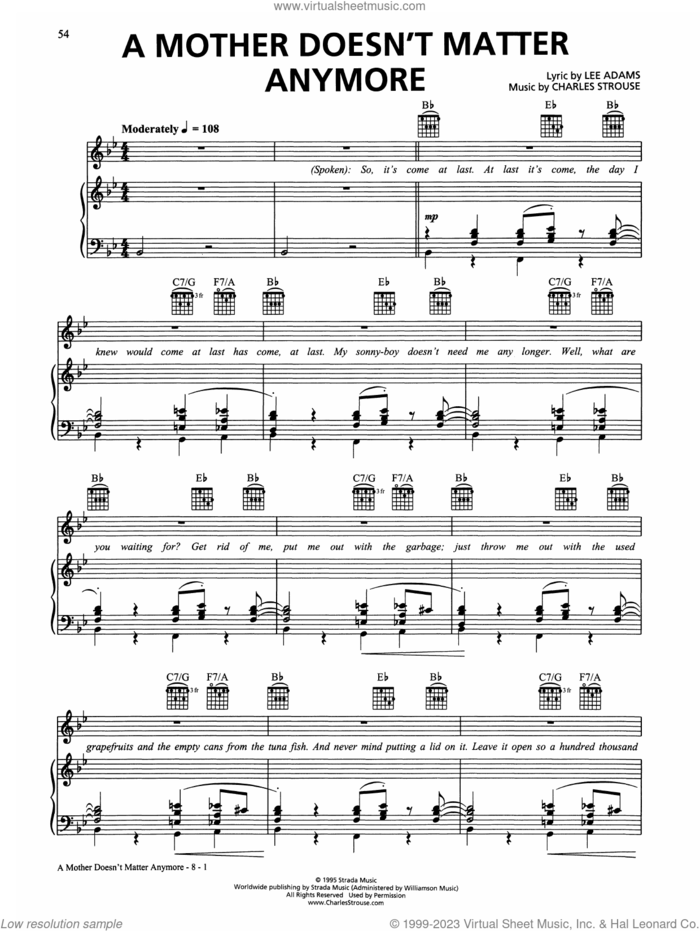 A Mother Doesn't Matter Anymore (from Bye Bye Birdie) sheet music for voice and piano by Charles Strouse and Lee Adams, intermediate skill level
