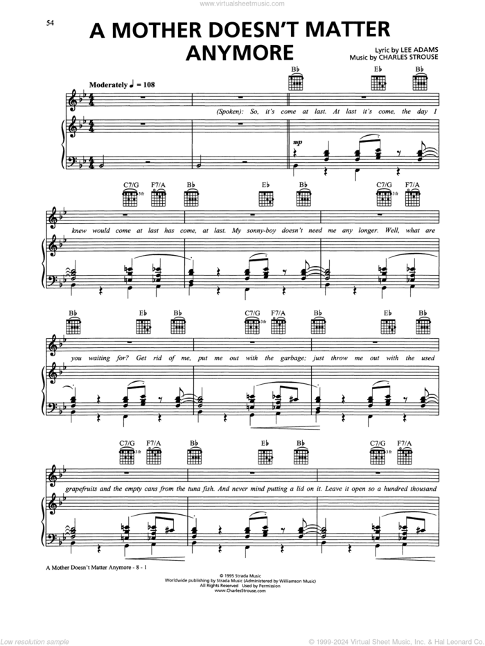 A Mother Doesn't Matter Anymore (from Bye Bye Birdie) sheet music for voice and piano by Charles Strouse and Lee Adams, intermediate skill level