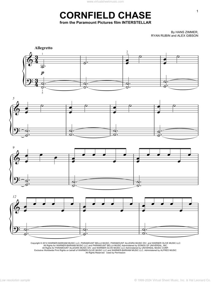 Cornfield Chase (from Interstellar), (easy) sheet music for piano solo by Hans Zimmer, Alex Gibson and Ryan Rubin, easy skill level