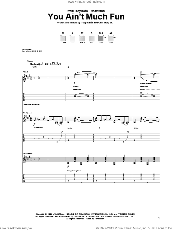 You Ain't Much Fun sheet music for guitar (tablature) by Toby Keith and Carl Goff, Jr., intermediate skill level