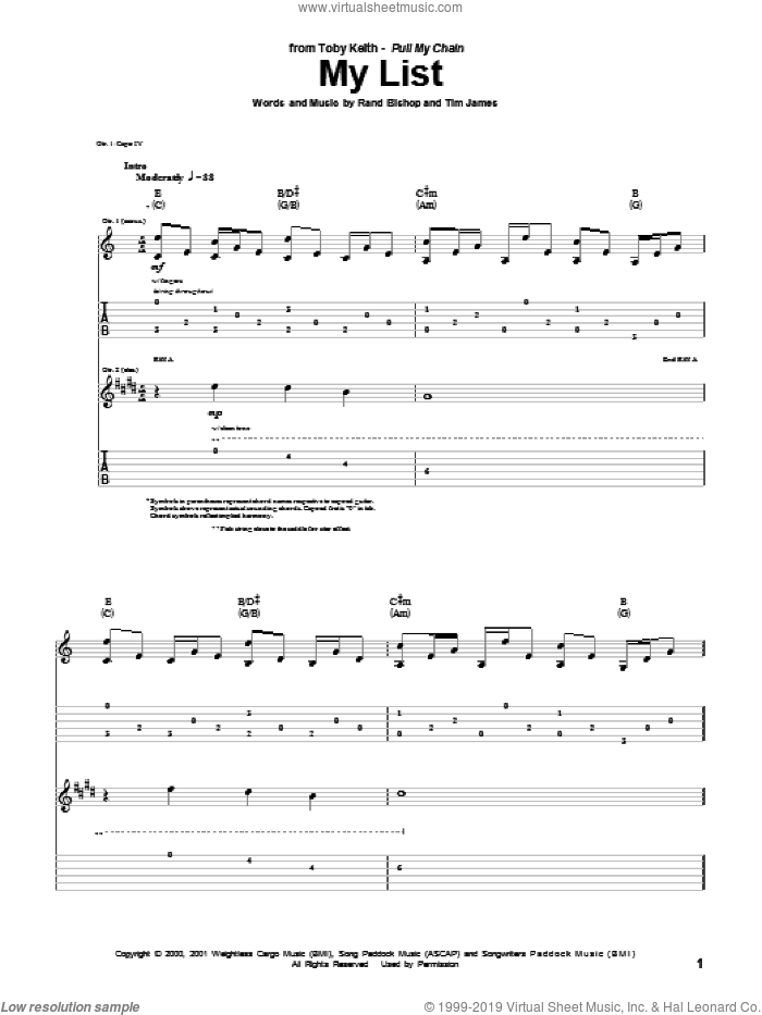 My List sheet music for guitar (tablature) by Toby Keith, Rand Bishop and Tim James, intermediate skill level