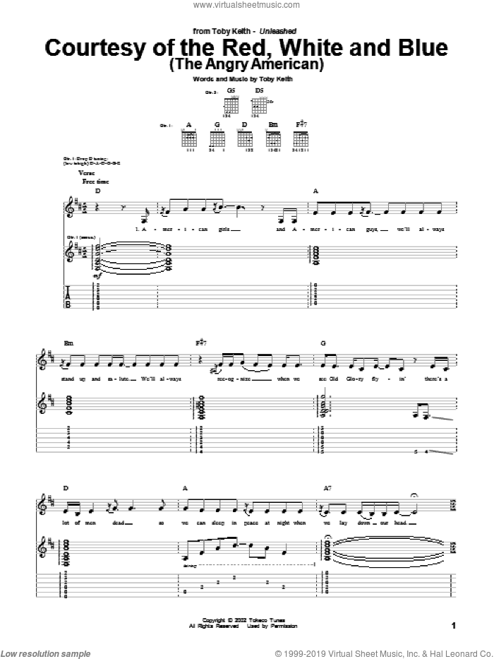 Courtesy Of The Red, White And Blue (The Angry American) sheet music for guitar (tablature) by Toby Keith, intermediate skill level
