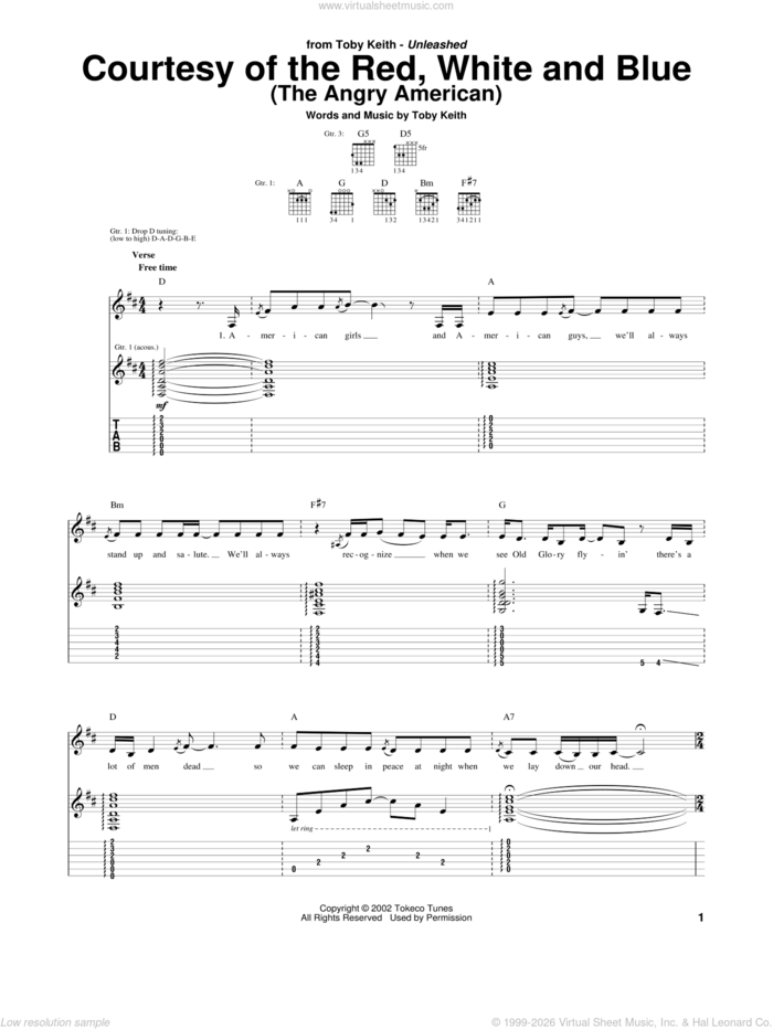 Courtesy Of The Red, White And Blue (The Angry American) sheet music for guitar (tablature) by Toby Keith, intermediate skill level