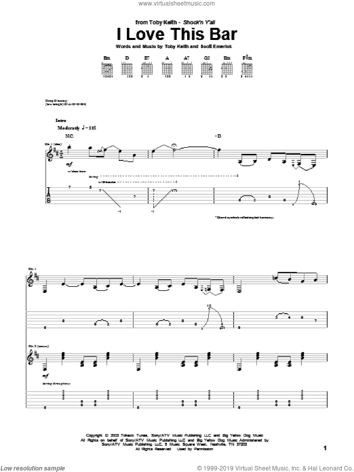 I Love This Bar sheet music for guitar (tablature) by Toby Keith and Scotty Emerick, intermediate skill level