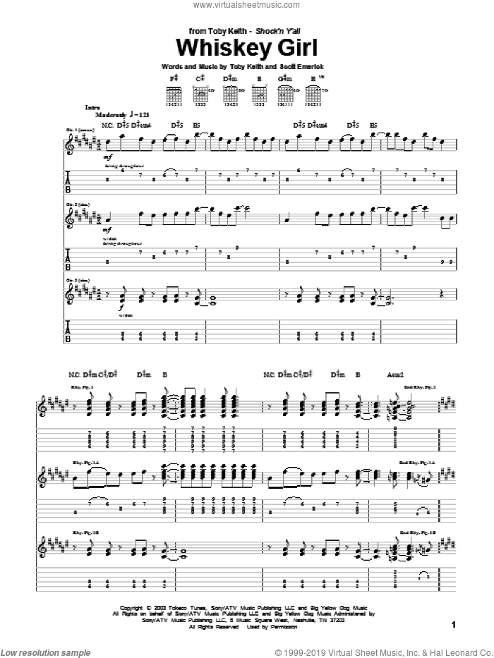 Whiskey Girl sheet music for guitar (tablature) by Toby Keith and Scotty Emerick, intermediate skill level