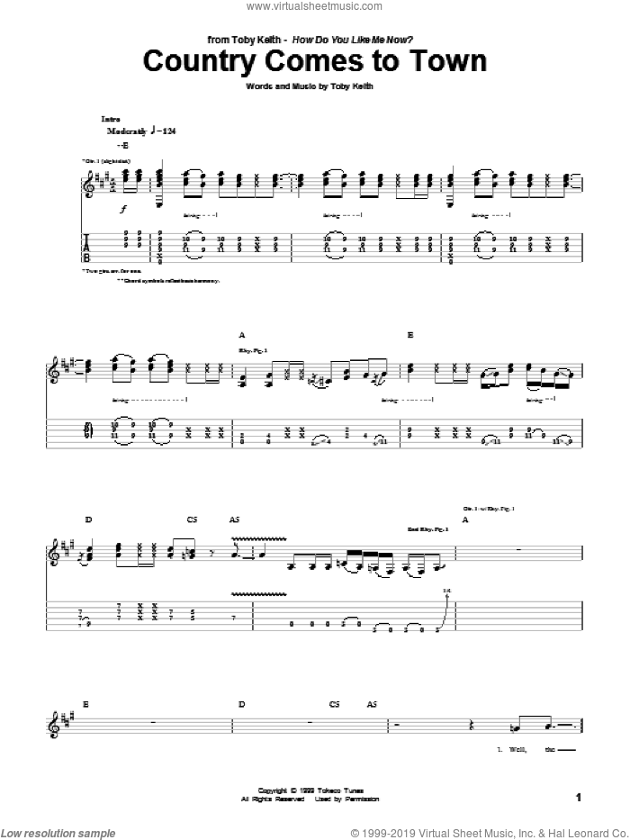 Country Comes To Town sheet music for guitar (tablature) by Toby Keith, intermediate skill level