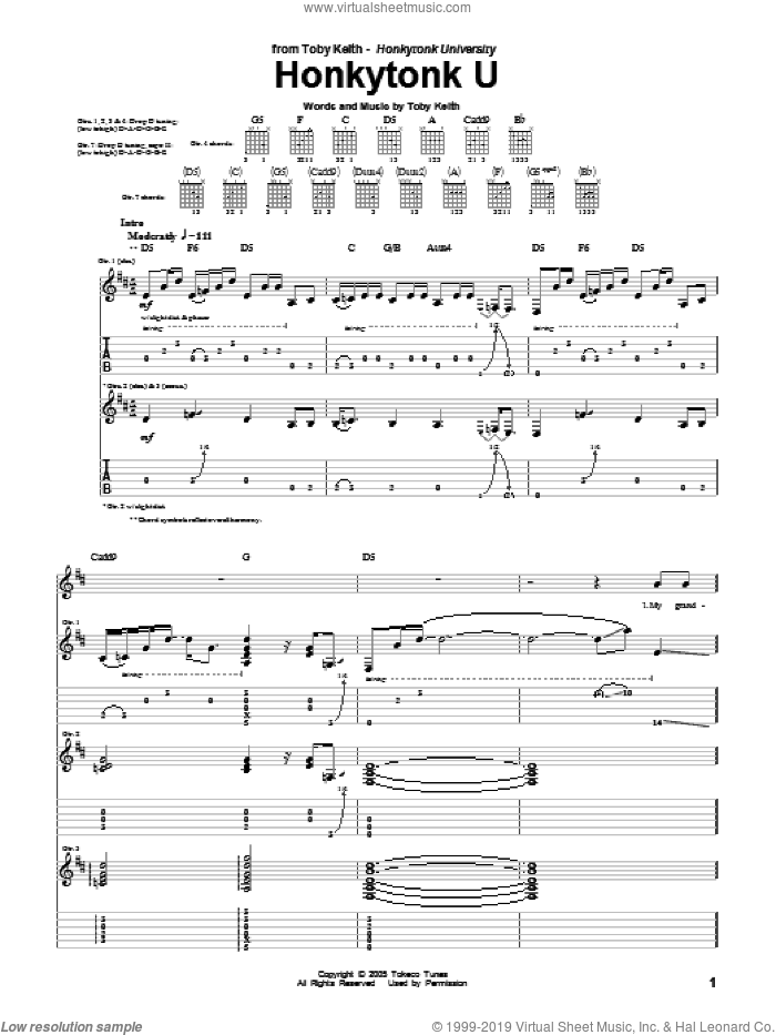 Honkytonk U sheet music for guitar (tablature) by Toby Keith, intermediate skill level