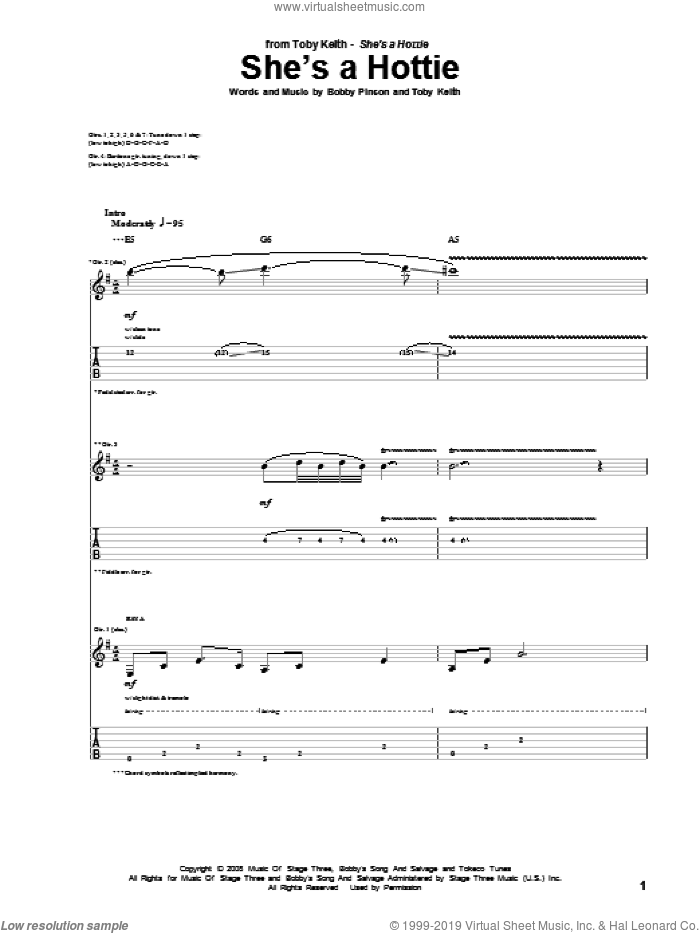 She's A Hottie sheet music for guitar (tablature) by Toby Keith and Bobby Pinson, intermediate skill level