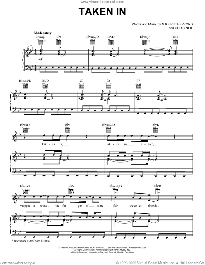 Taken In sheet music for voice, piano or guitar by Mike & The Mechanics, Chris Neil and Mike Rutherford, intermediate skill level