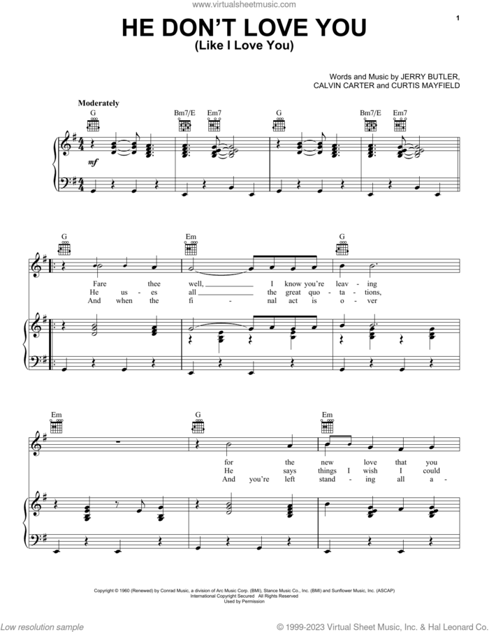 He Don't Love You (Like I Love You) sheet music for voice, piano or guitar by Tony Orlando & Dawn, Calvin Carter, Curtis Mayfield and Jerry Butler, intermediate skill level