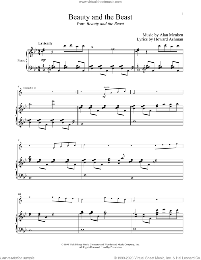Beauty And The Beast sheet music for trumpet and piano by Alan Menken, Celine Dion & Peabo Bryson, Alan Menken & Howard Ashman and Howard Ashman, wedding score, intermediate skill level