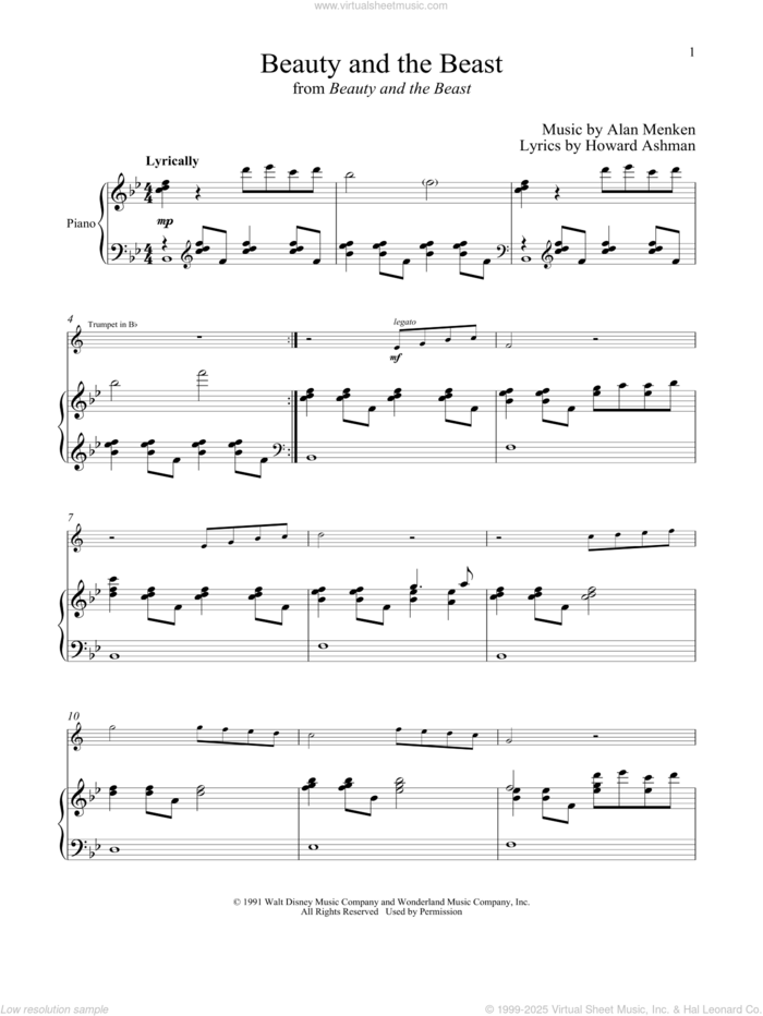 Beauty And The Beast sheet music for trumpet and piano by Alan Menken, Celine Dion & Peabo Bryson, Alan Menken & Howard Ashman and Howard Ashman, wedding score, intermediate skill level