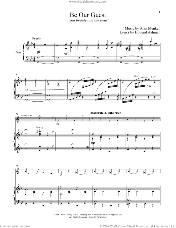 Be Our Guest (from Beauty And The Beast) sheet music for trumpet and piano by Alan Menken, Alan Menken & Howard Ashman and Howard Ashman, intermediate skill level