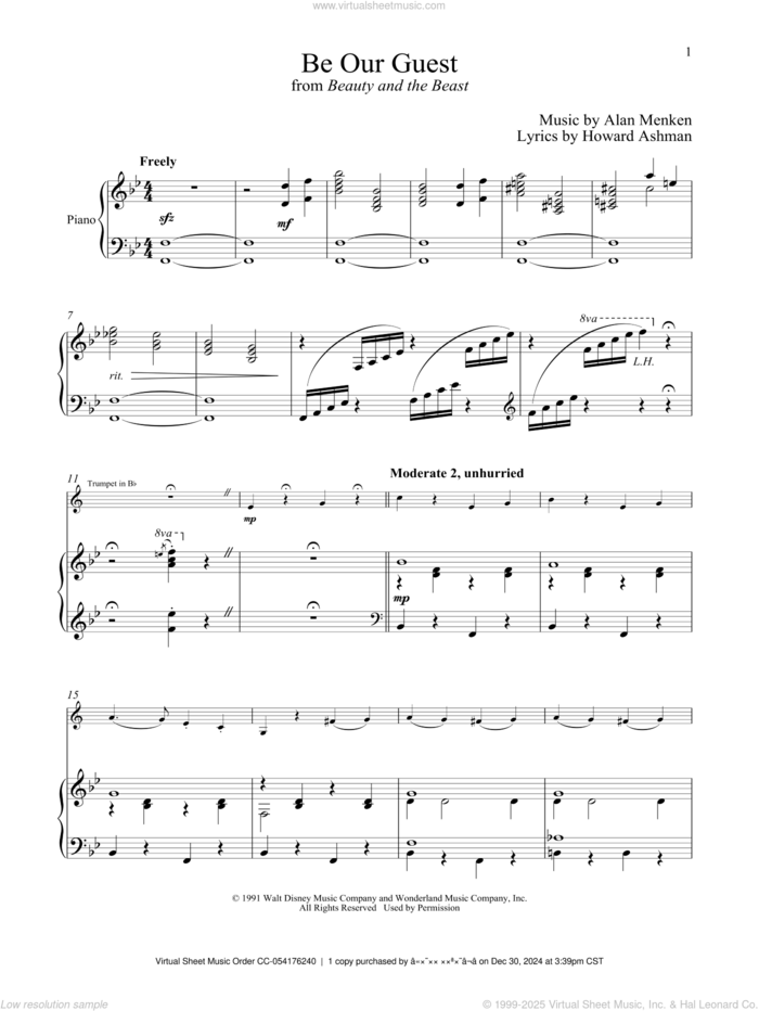 Be Our Guest (from Beauty And The Beast) sheet music for trumpet and piano by Alan Menken, Alan Menken & Howard Ashman and Howard Ashman, intermediate skill level