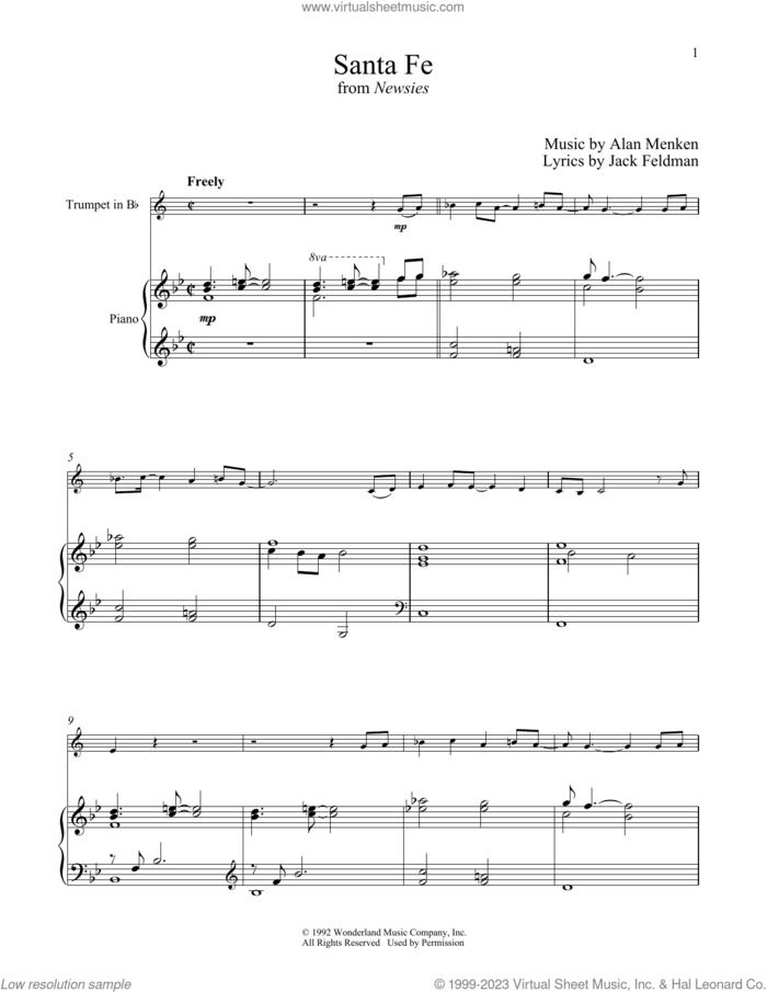 Santa Fe (from Newsies) sheet music for trumpet and piano by Alan Menken and Jack Feldman, intermediate skill level