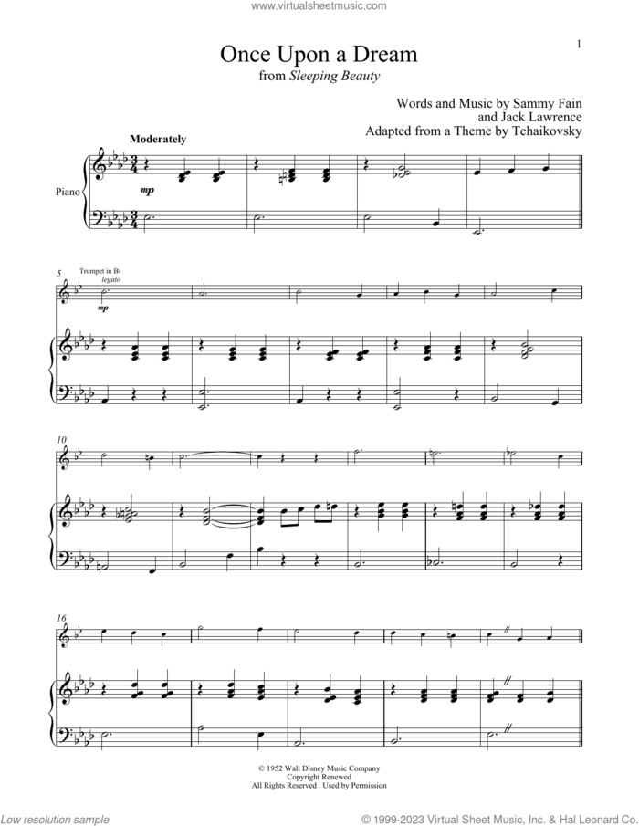 Once Upon A Dream (from Sleeping Beauty) sheet music for trumpet and piano by Sammy Fain and Jack Lawrence, intermediate skill level