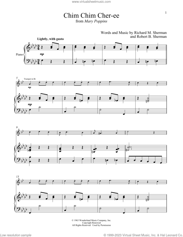 Chim Chim Cher-ee (from Mary Poppins) sheet music for trumpet and piano by Richard M. Sherman, Robert B. Sherman and Sherman Brothers, intermediate skill level