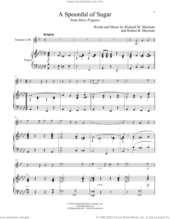 A Spoonful Of Sugar (from Mary Poppins) sheet music for trumpet and piano by Richard M. Sherman, Robert B. Sherman and Sherman Brothers, intermediate skill level