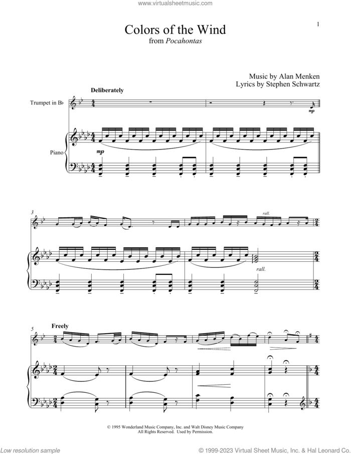 Colors Of The Wind (from Pocahontas) sheet music for trumpet and piano by Alan Menken, Vanessa Williams and Stephen Schwartz, intermediate skill level