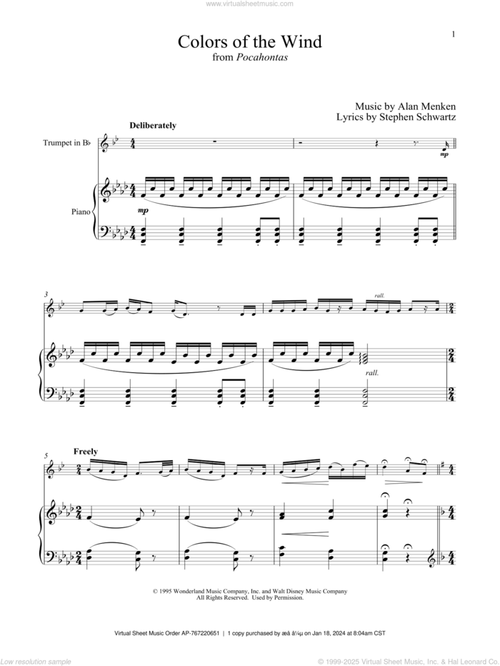 Colors Of The Wind (from Pocahontas) sheet music for trumpet and piano by Alan Menken, Vanessa Williams and Stephen Schwartz, intermediate skill level