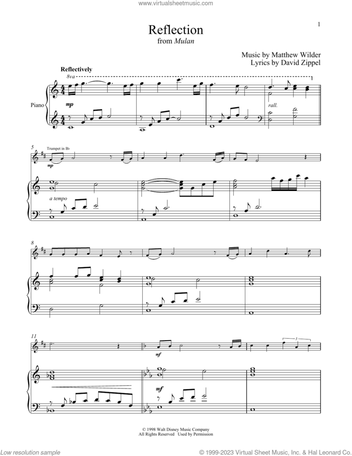 Reflection (from Mulan) sheet music for trumpet and piano by David Zippel, Christina Aguilera and Matthew Wilder, intermediate skill level