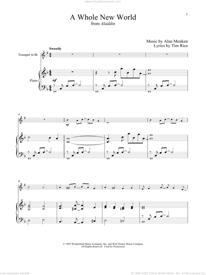 A Whole New World (from Aladdin) sheet music for trumpet and piano by Alan Menken, Alan Menken & Tim Rice and Tim Rice, intermediate skill level