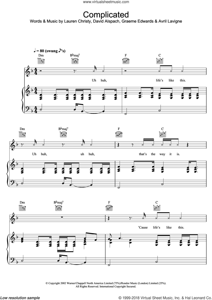 Complicated sheet music for voice, piano or guitar by Avril Lavigne, Graham Edwards, Lauren Christy and Scott Spock, intermediate skill level
