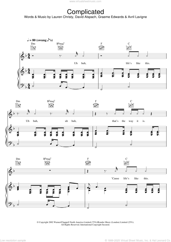 Complicated sheet music for voice, piano or guitar by Avril Lavigne, Graham Edwards, Lauren Christy and Scott Spock, intermediate skill level