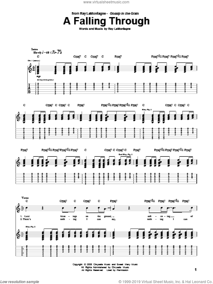 A Falling Through sheet music for guitar (tablature) by Ray LaMontagne, intermediate skill level