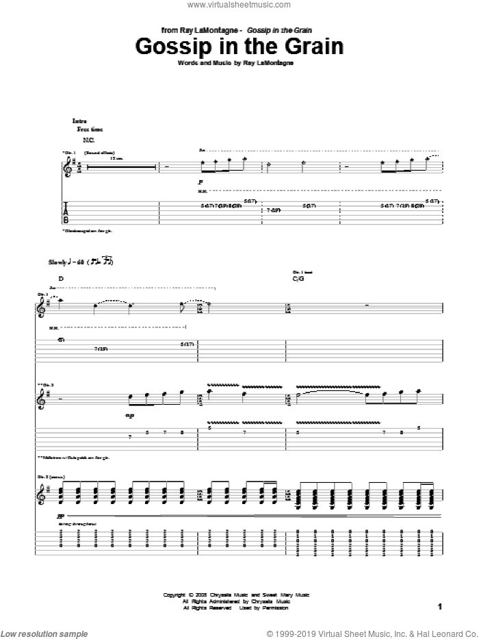 Gossip In The Grain sheet music for guitar (tablature) by Ray LaMontagne, intermediate skill level
