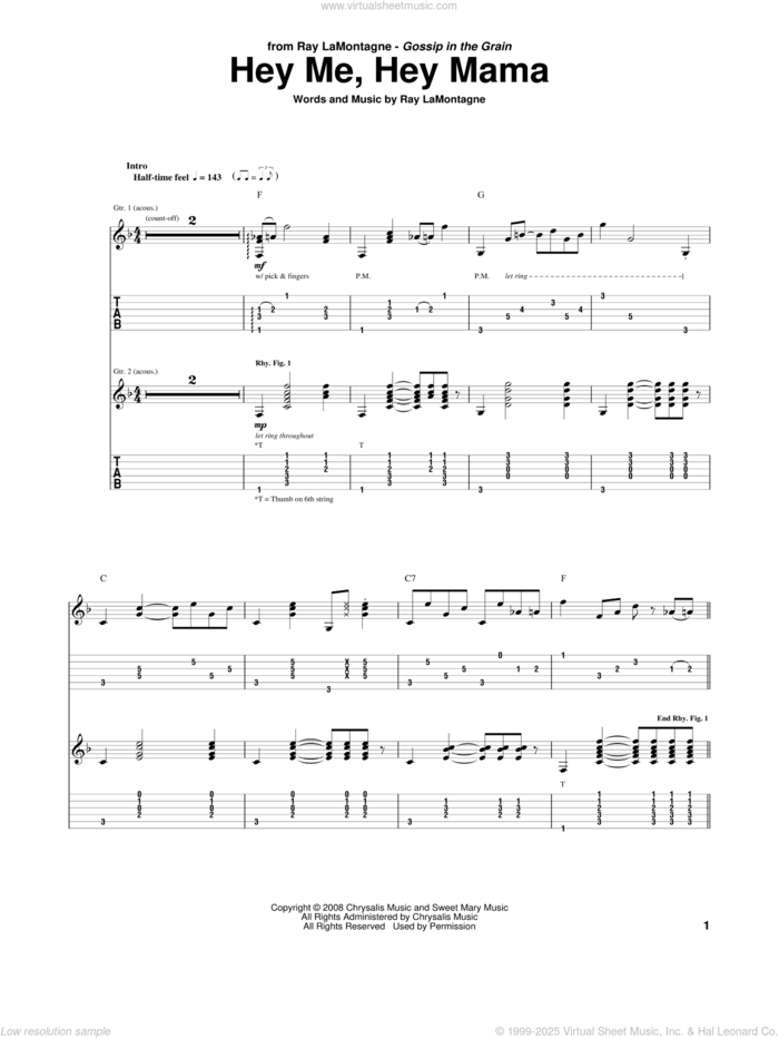 Hey Me, Hey Mama sheet music for guitar (tablature) by Ray LaMontagne, intermediate skill level