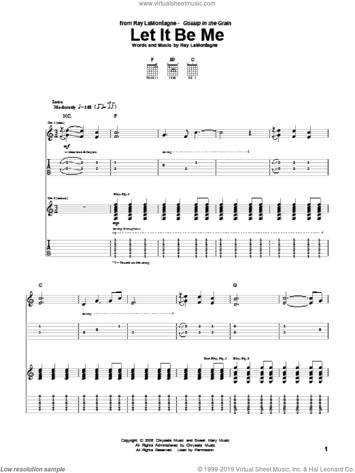 Let It Be Me sheet music for guitar (tablature) by Ray LaMontagne, intermediate skill level