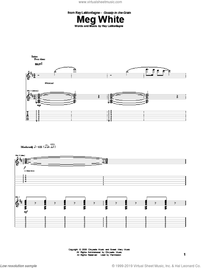 Meg White sheet music for guitar (tablature) by Ray LaMontagne, intermediate skill level