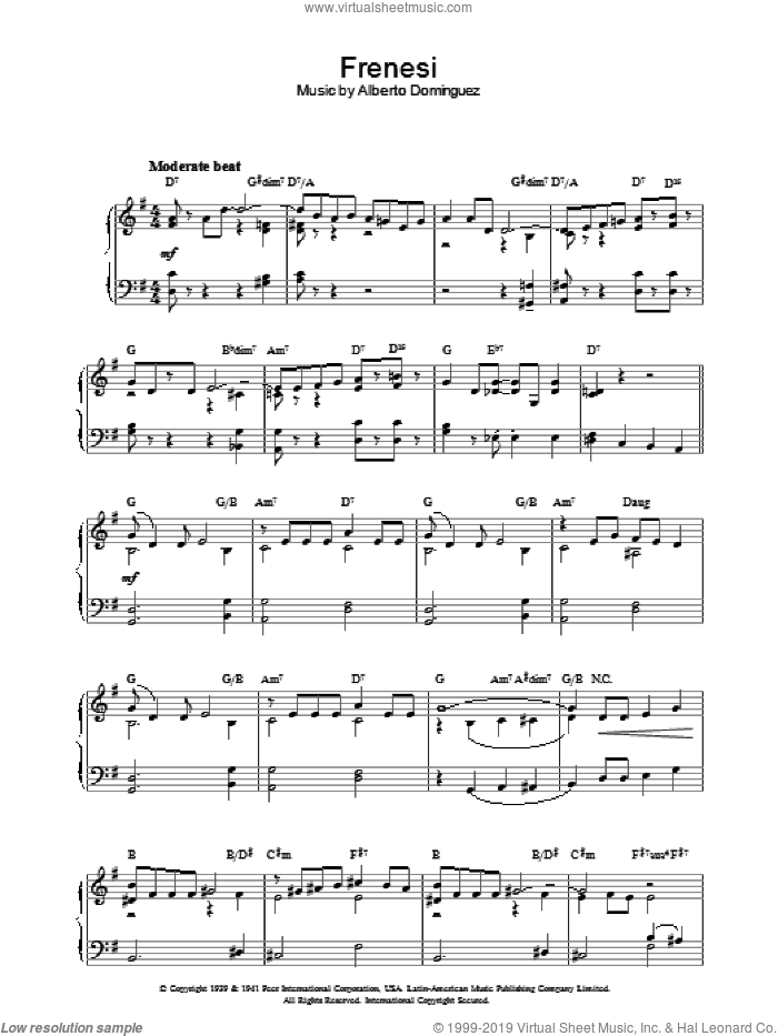 Frenesi sheet music for piano solo by Alberto Dominguez, intermediate skill level